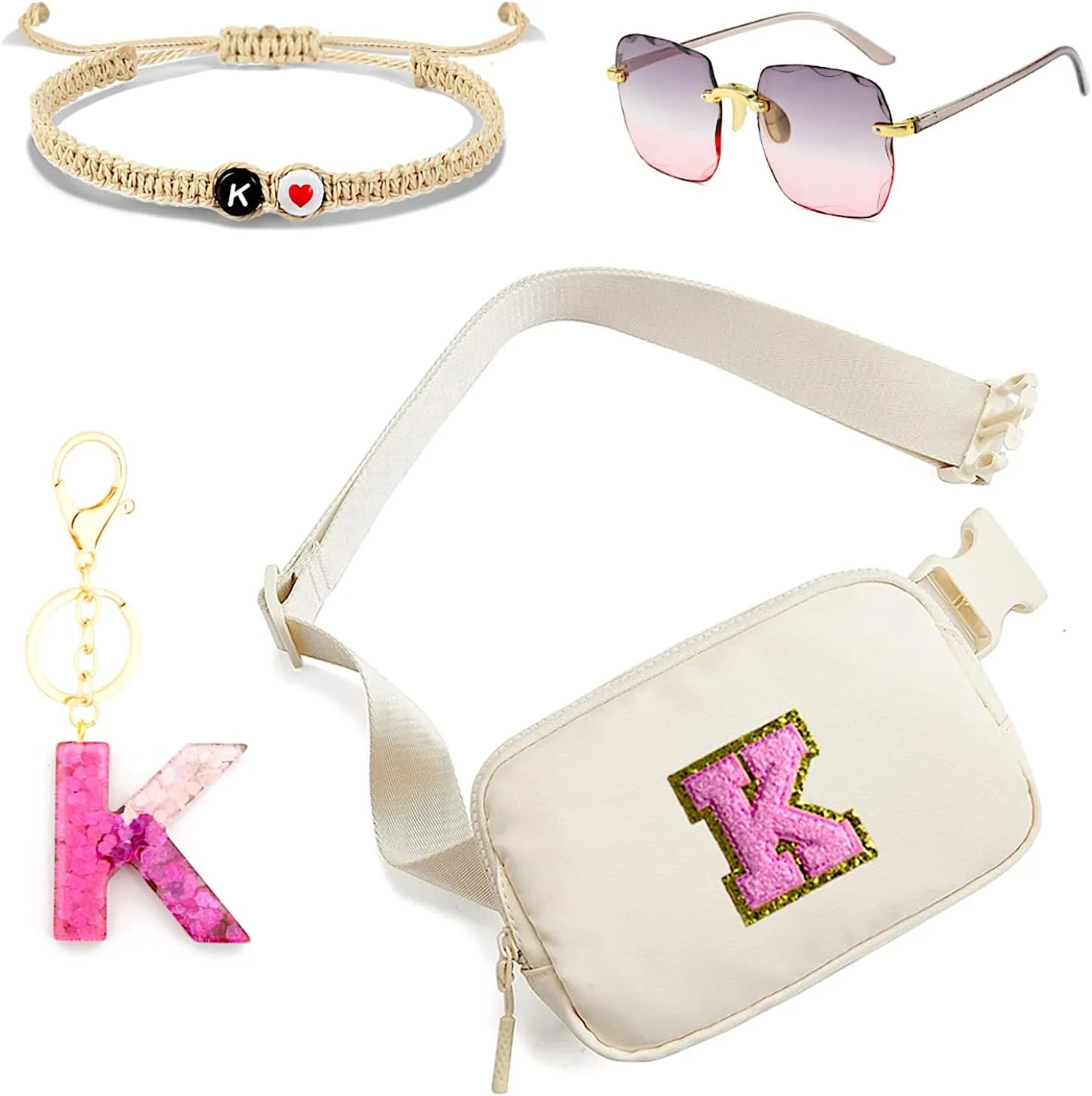 10 year old girl birthday gifts, Initial Fanny Pack Belt Bag for Teen Girls-,Bracelet, Keychain & Sunglasses (K)