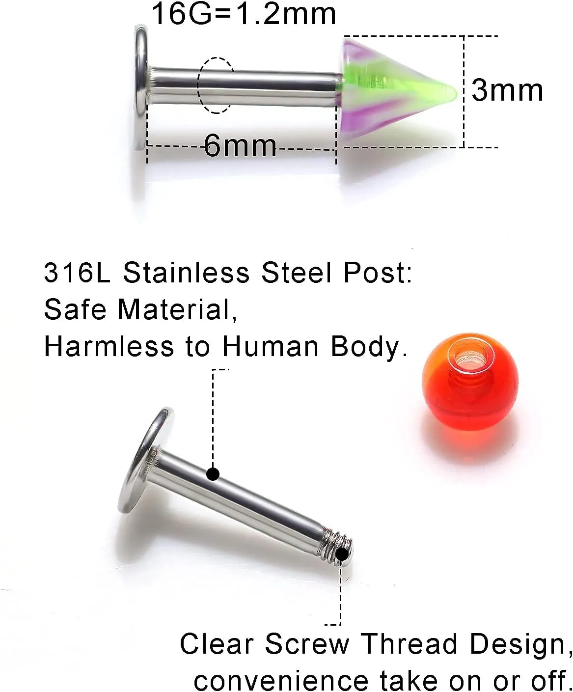 100PCS 16G Lip Rings Stainless Surgical Steel Labret Jewelry Monroe Lip Rings Nail Cartilage Tragus Helix Earrings Studs Nose Ring Medusa Piercing Jewelry for Women Men 6mm 8mm 10mm