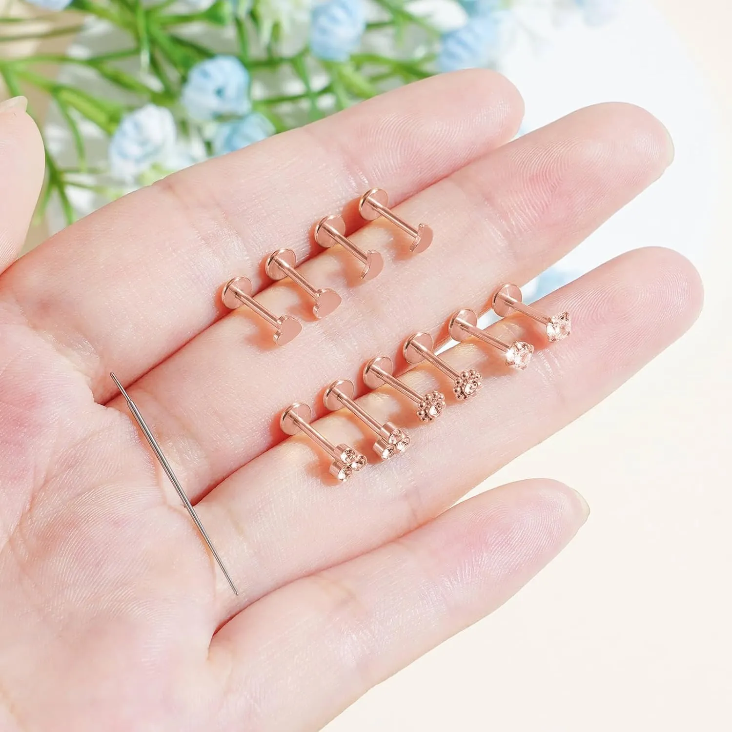 10pcs 20G/18G/16G Threadless Push-in Tragus Conch Cartilage Flat Back Helix Labret Monroe Lip Ring Daith Piercing Jewelry