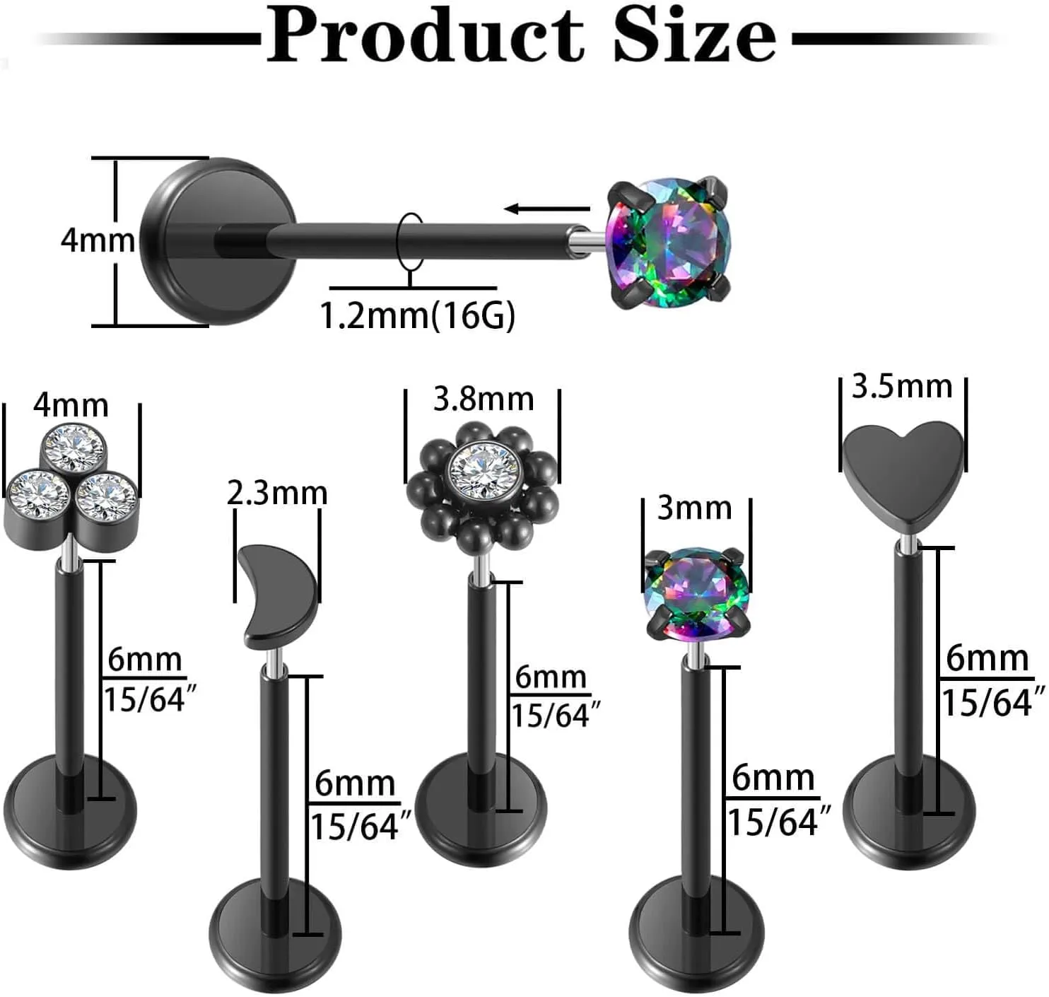 10pcs 20G/18G/16G Threadless Push-in Tragus Conch Cartilage Flat Back Helix Labret Monroe Lip Ring Daith Piercing Jewelry
