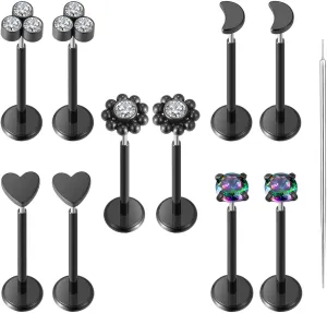 10pcs 20G/18G/16G Threadless Push-in Tragus Conch Cartilage Flat Back Helix Labret Monroe Lip Ring Daith Piercing Jewelry