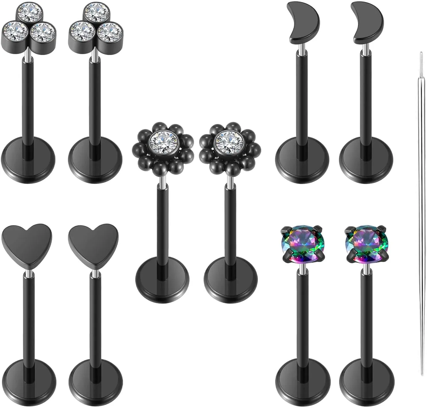 10pcs 20G/18G/16G Threadless Push-in Tragus Conch Cartilage Flat Back Helix Labret Monroe Lip Ring Daith Piercing Jewelry