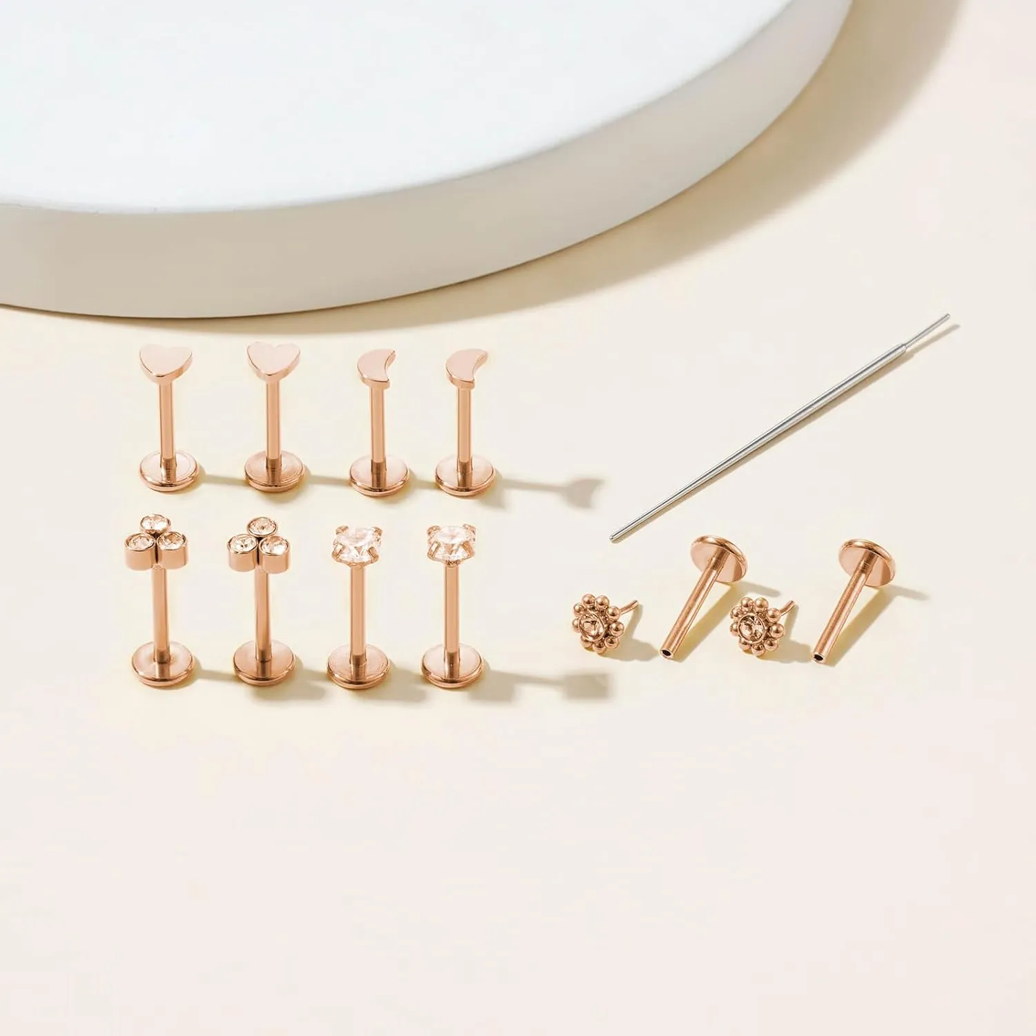10pcs 20G/18G/16G Threadless Push-in Tragus Conch Cartilage Flat Back Helix Labret Monroe Lip Ring Daith Piercing Jewelry