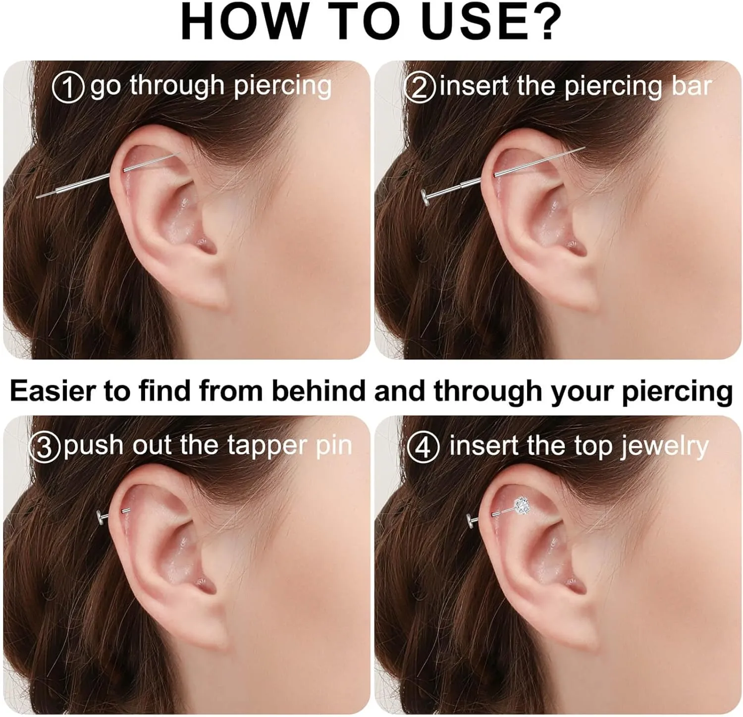 10pcs 20G/18G/16G Threadless Push-in Tragus Conch Cartilage Flat Back Helix Labret Monroe Lip Ring Daith Piercing Jewelry