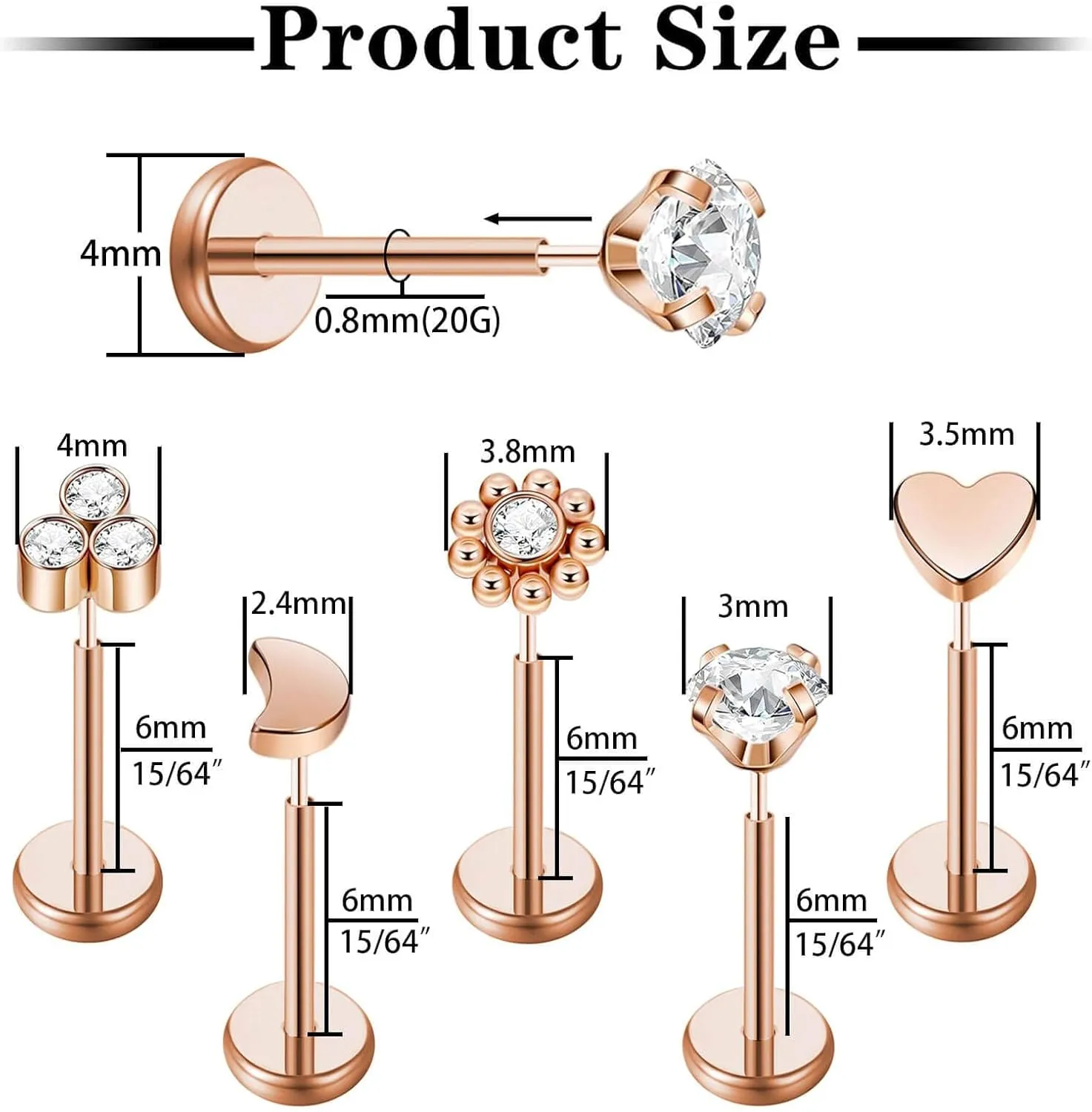10pcs 20G/18G/16G Threadless Push-in Tragus Conch Cartilage Flat Back Helix Labret Monroe Lip Ring Daith Piercing Jewelry