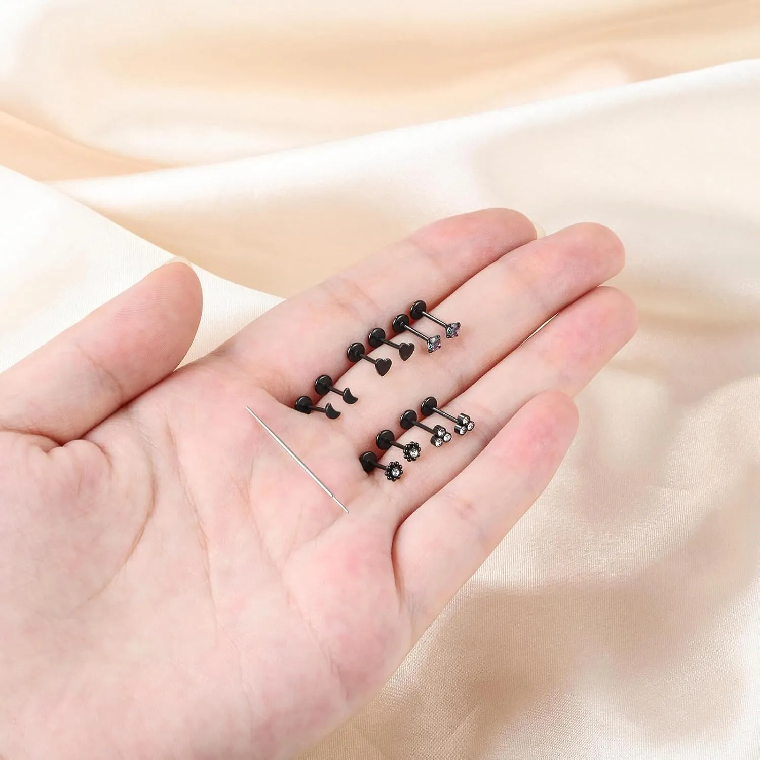 10pcs 20G/18G/16G Threadless Push-in Tragus Conch Cartilage Flat Back Helix Labret Monroe Lip Ring Daith Piercing Jewelry