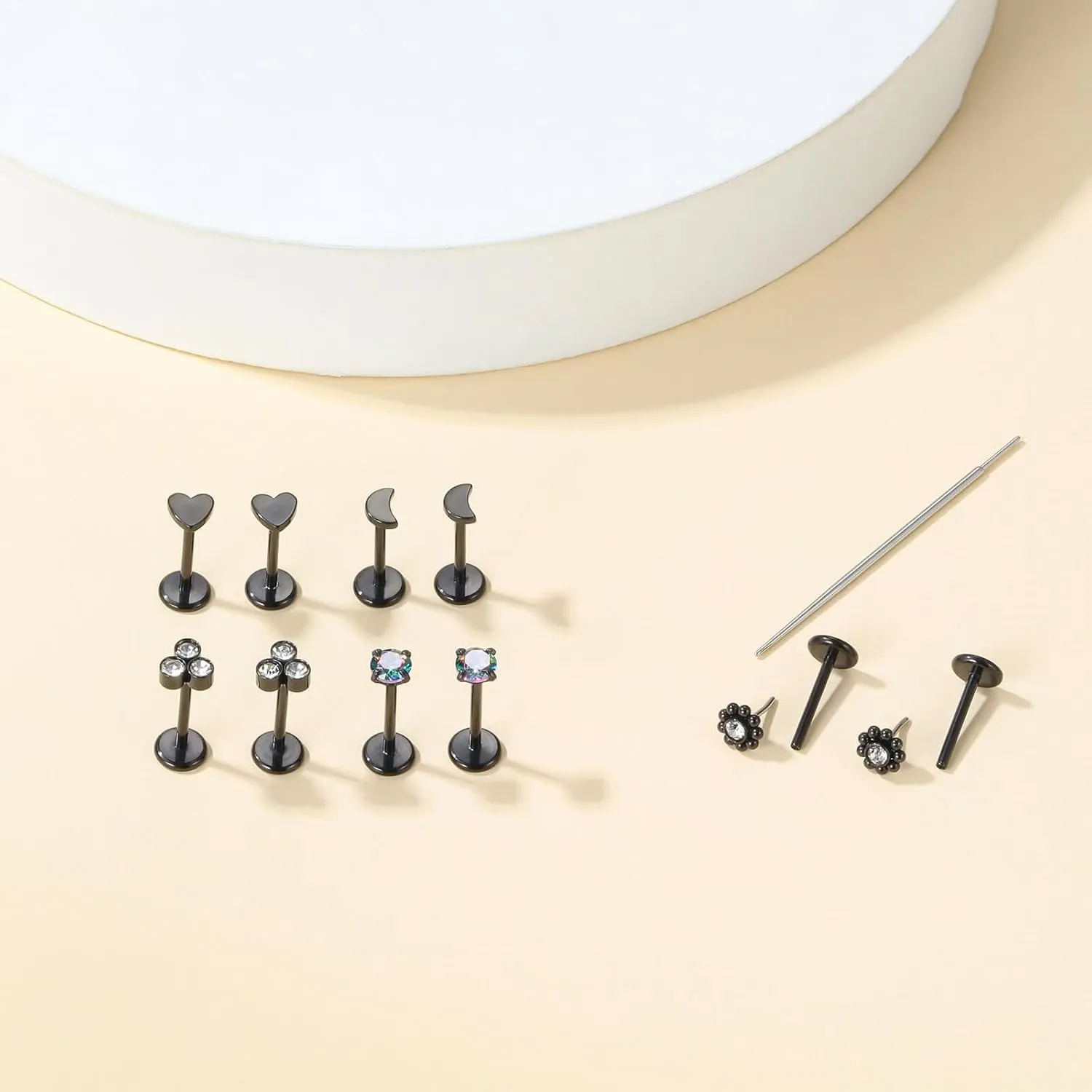 10pcs 20G/18G/16G Threadless Push-in Tragus Conch Cartilage Flat Back Helix Labret Monroe Lip Ring Daith Piercing Jewelry