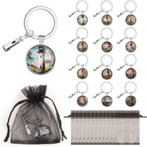 12 Pack 3D Glass Lighthouse Keychain, Funny Keychain for Woman, Car Key Ring Pendant Key Chains for Mom Mother's Day, Handbag Bag, Earphone Case Decoration, Purse Accessories with Yarn Bags