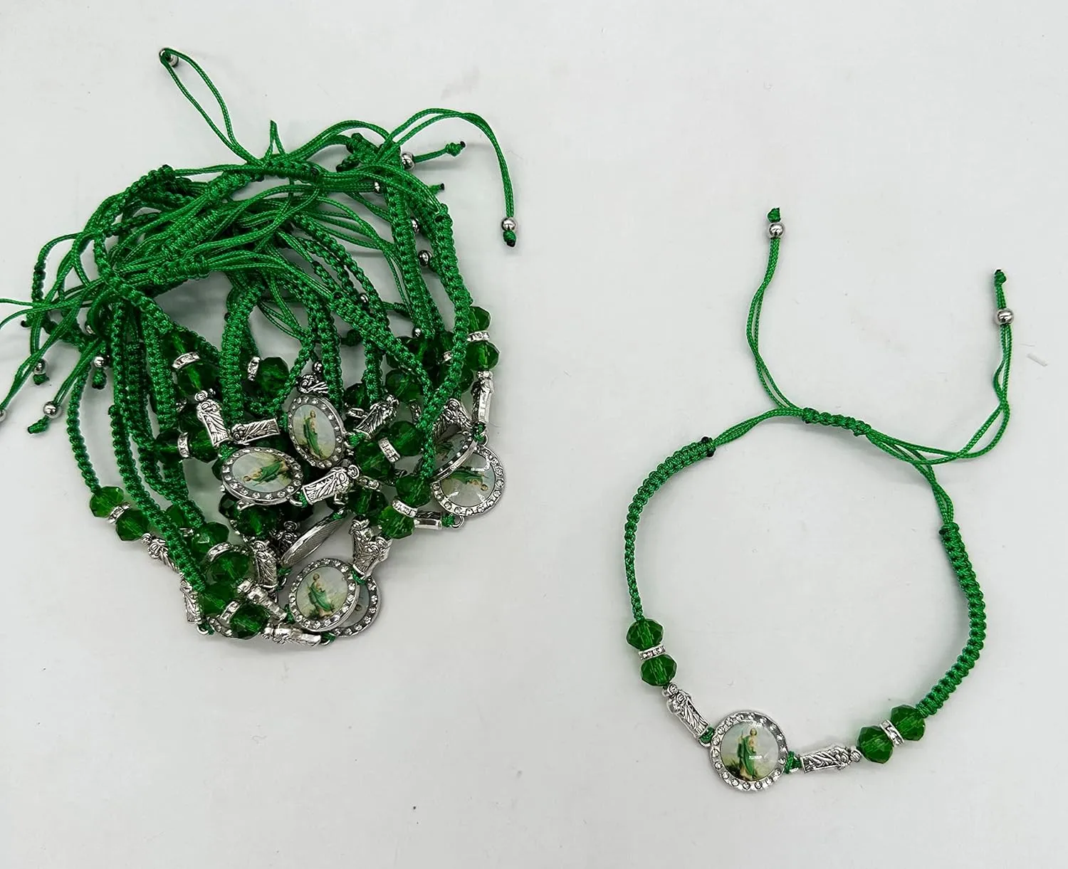 12 PCS San judas tadeo Bracelet Handmade Medal Adjustable String Green Rope Bracelets Religious Prayer Jewelry Gift For Women Men Girls - Green