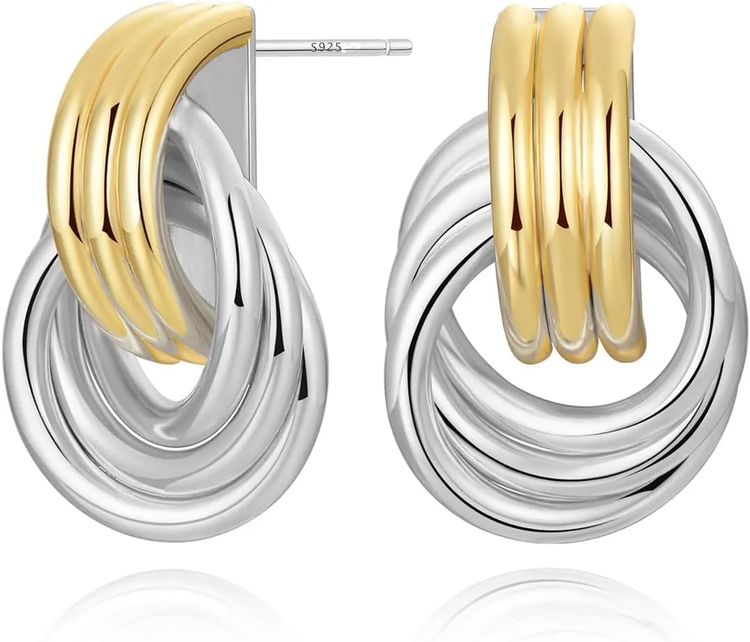 14K Gold Minimalist Statement Knot Stud Earring for Women Trendy Geometric Earrings Chunky Lightweight Hollow Twisted Dangle Drop Earings Womens Jewelry