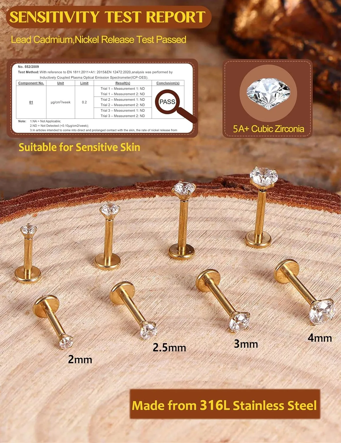 14K Gold Plated Flat Back Stud Earrings - 316L Surgical Steel Internal Thread CZ Stud Piercing Jewelry for Tragus Helix Cartilage Conch Nose Hypoallergenic Lip Monroe Labret Medusa Piercing 16G 18G