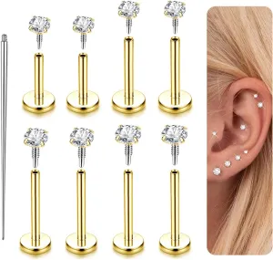 14K Gold Plated Flat Back Stud Earrings - 316L Surgical Steel Internal Thread CZ Stud Piercing Jewelry for Tragus Helix Cartilage Conch Nose Hypoallergenic Lip Monroe Labret Medusa Piercing 16G 18G
