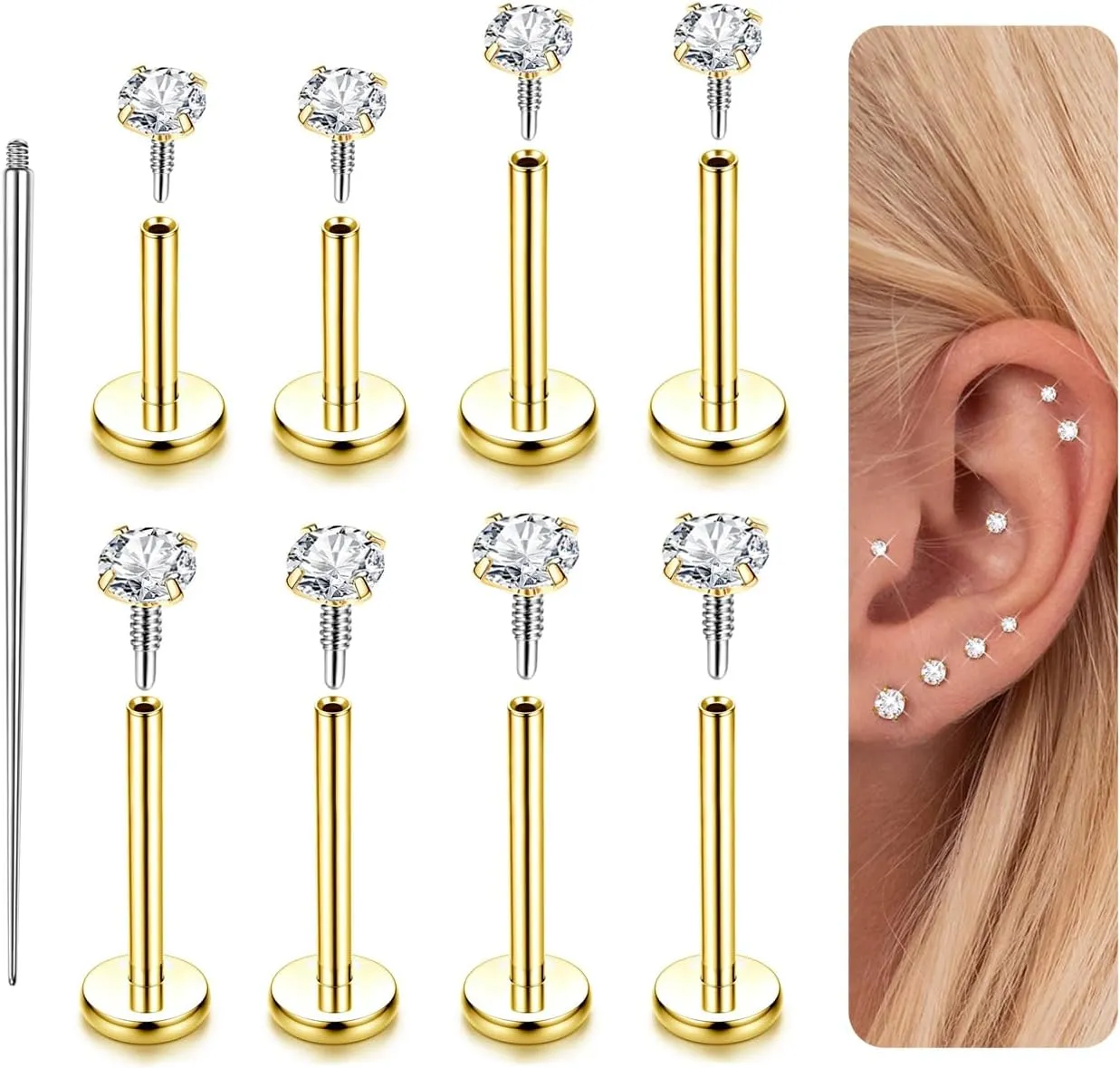 14K Gold Plated Flat Back Stud Earrings - 316L Surgical Steel Internal Thread CZ Stud Piercing Jewelry for Tragus Helix Cartilage Conch Nose Hypoallergenic Lip Monroe Labret Medusa Piercing 16G 18G