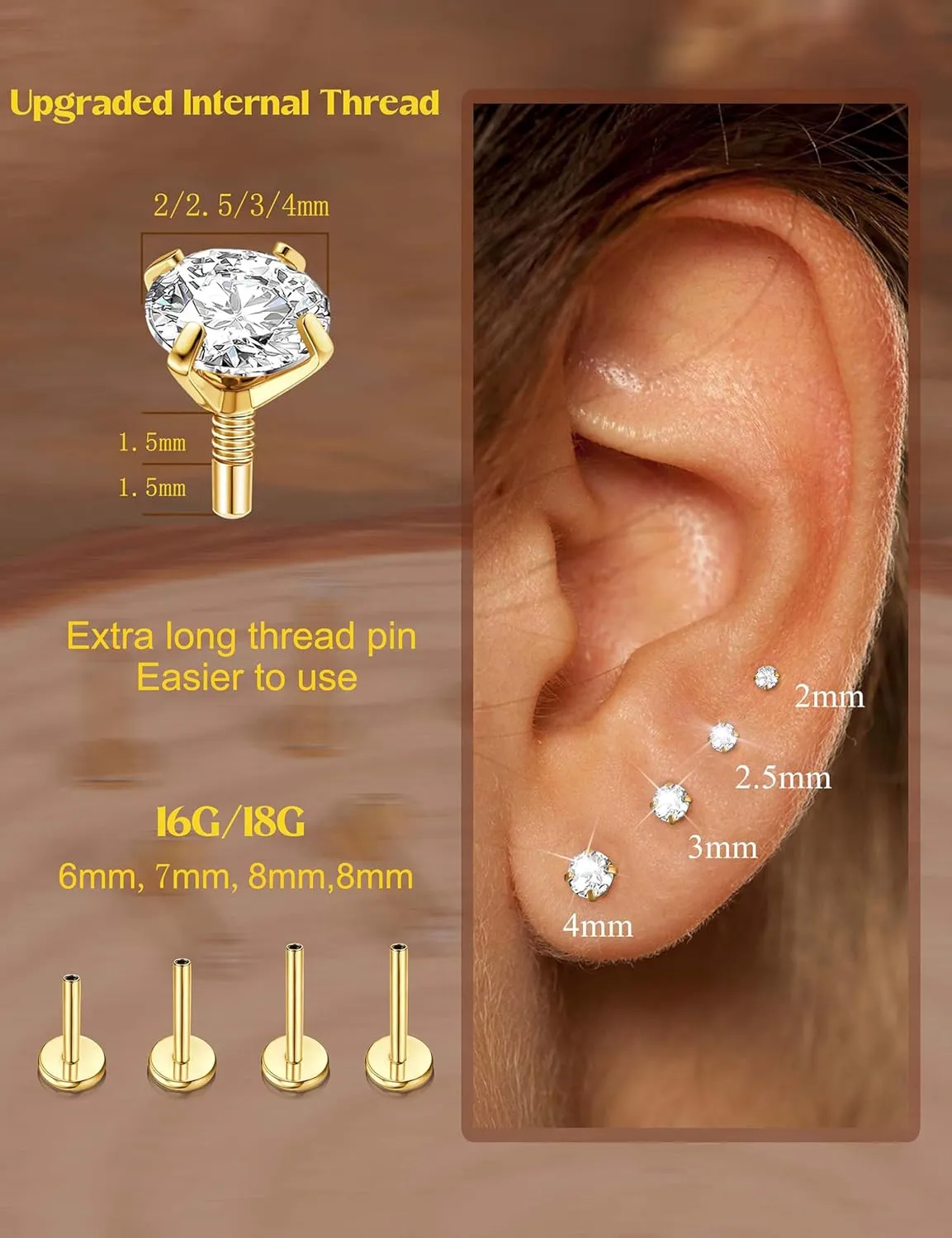 14K Gold Plated Flat Back Stud Earrings - 316L Surgical Steel Internal Thread CZ Stud Piercing Jewelry for Tragus Helix Cartilage Conch Nose Hypoallergenic Lip Monroe Labret Medusa Piercing 16G 18G