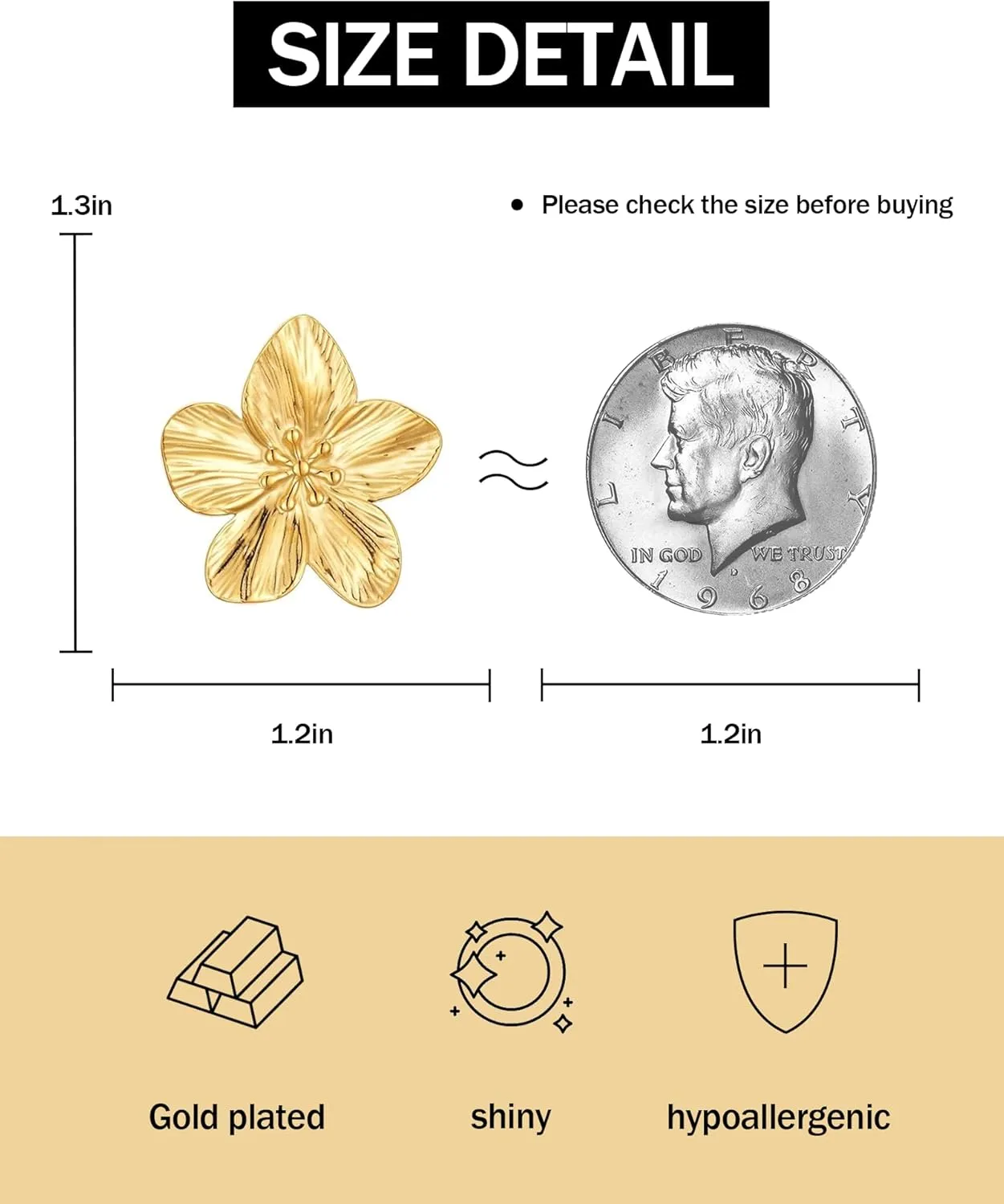 14K Gold Plated Gold Flower Stud Earrings for Women, Stainless Steel Large Big Statement Earring 925 Sterling Silver Post Hypoallergenic Floral Earrings Trendy Jewelry Gift for Women