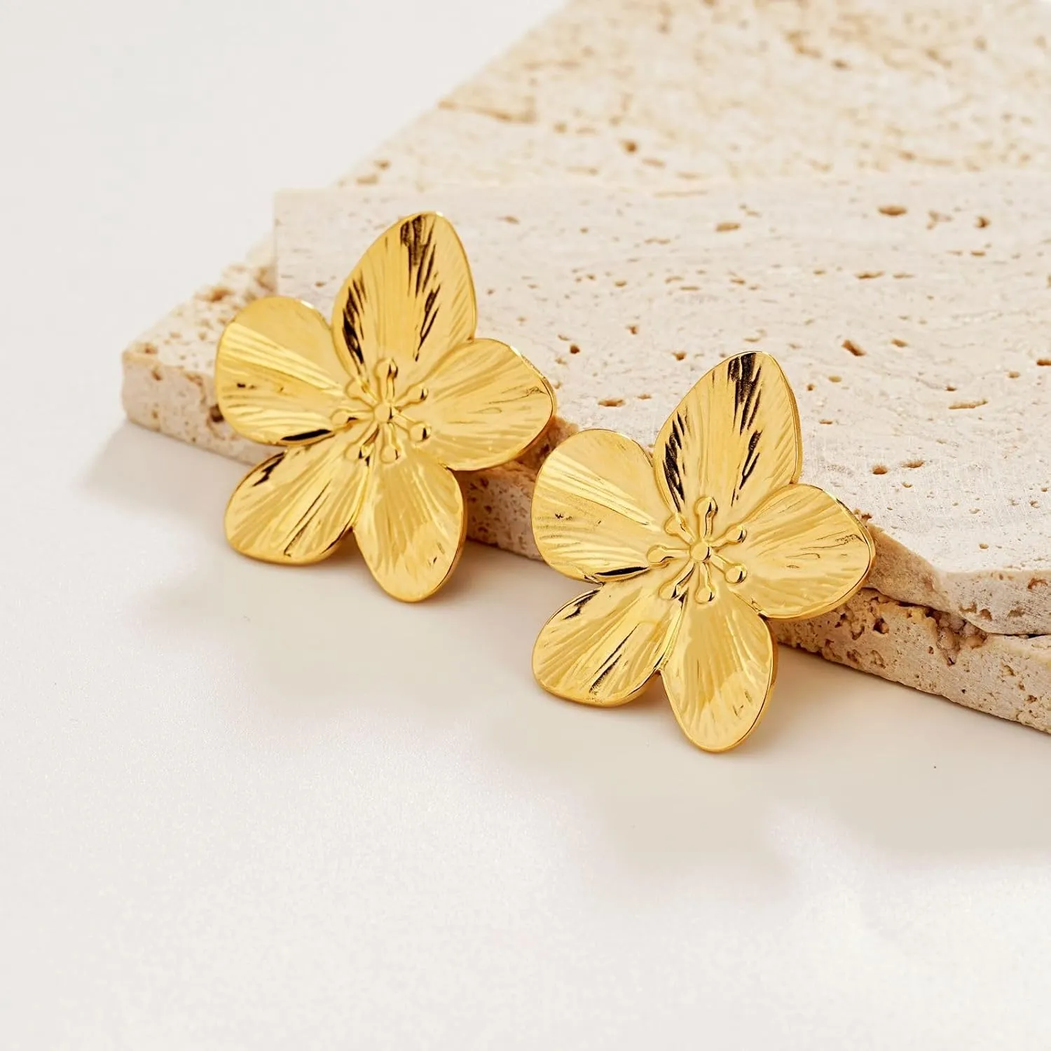 14K Gold Plated Gold Flower Stud Earrings for Women, Stainless Steel Large Big Statement Earring 925 Sterling Silver Post Hypoallergenic Floral Earrings Trendy Jewelry Gift for Women