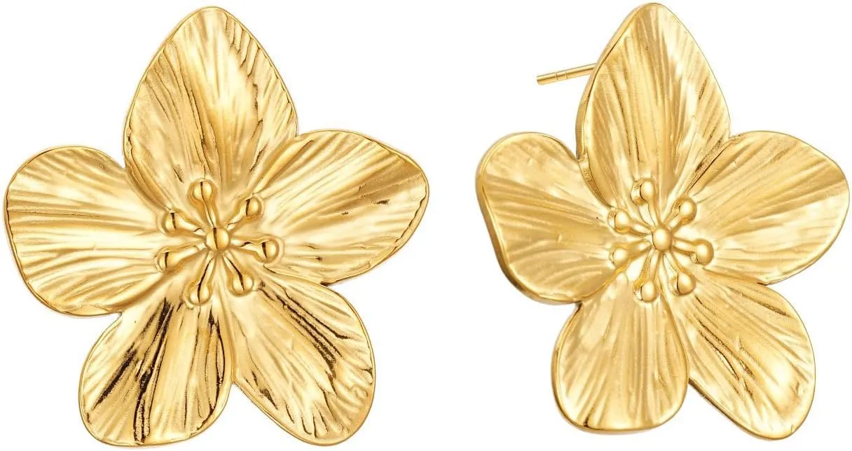 14K Gold Plated Gold Flower Stud Earrings for Women, Stainless Steel Large Big Statement Earring 925 Sterling Silver Post Hypoallergenic Floral Earrings Trendy Jewelry Gift for Women