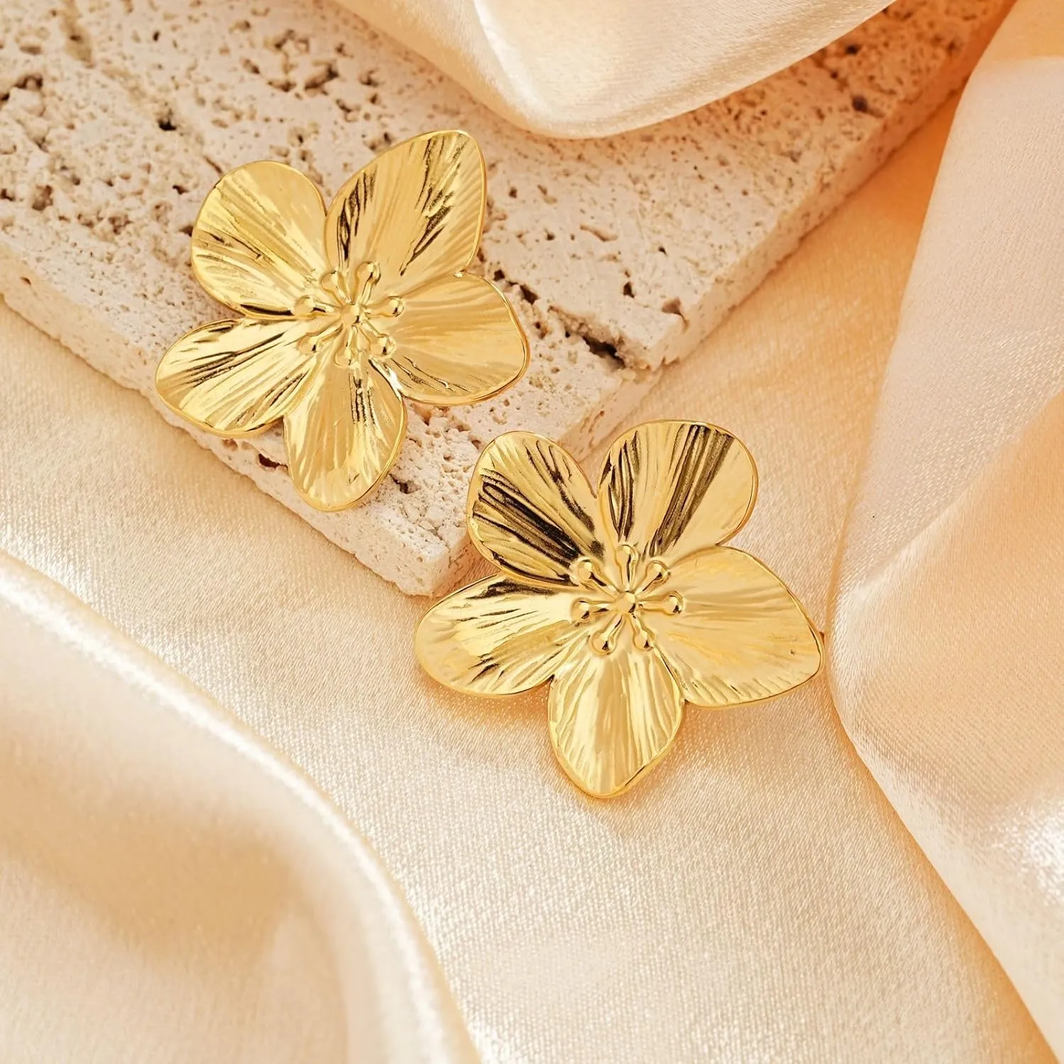 14K Gold Plated Gold Flower Stud Earrings for Women, Stainless Steel Large Big Statement Earring 925 Sterling Silver Post Hypoallergenic Floral Earrings Trendy Jewelry Gift for Women