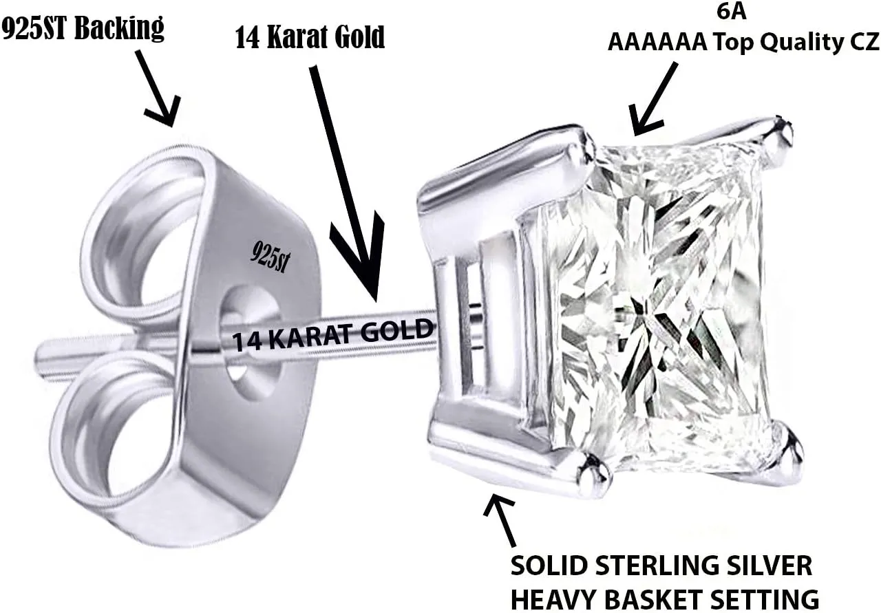 14k Gold Plated Post & Sterling Silver 4 Prong Pure Brilliance Cubic Zirconia Stud Earrings CZ 1.0 to 10.0ctw