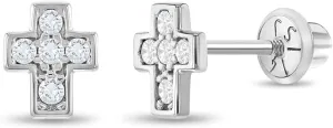 14k White Gold Clear Cubic Zirconia Little Cross Screw Back Earrings for Girls, Tiny Stud Religious Earrings for Toddlers Small Cross Screw Back Locking for Children