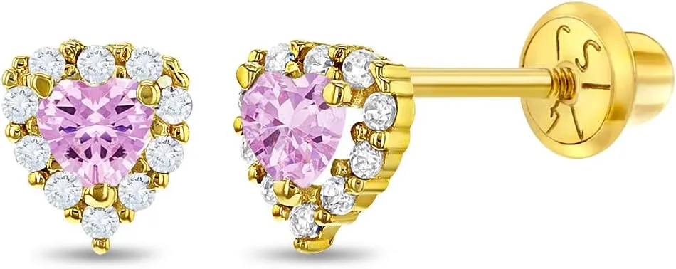 14k Yellow Gold 5mm Cubic Zirconia Heart Cluster Screw Backs for Young Girls - Unique Heart Earring Studs for Babies, Toddler to all Little Girls - Lovely & Bright CZ Hearts