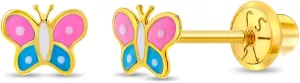 14k Yellow Gold Multicolor Enamel Butterfly Screw Back Earrings for Girls - Lovely Screw Backs for Toddlers & Little Girls - Small Pretty Butterfly Studs