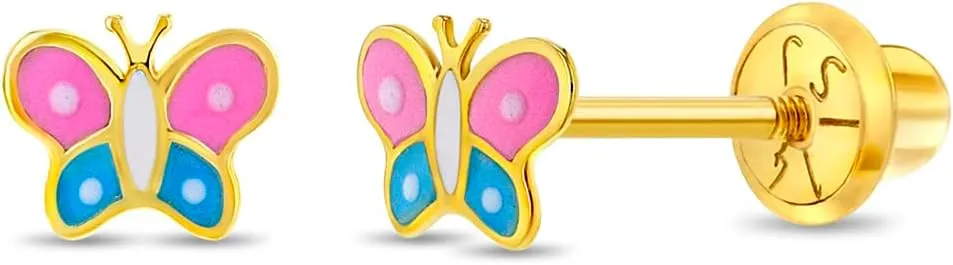 14k Yellow Gold Multicolor Enamel Butterfly Screw Back Earrings for Girls - Lovely Screw Backs for Toddlers & Little Girls - Small Pretty Butterfly Studs