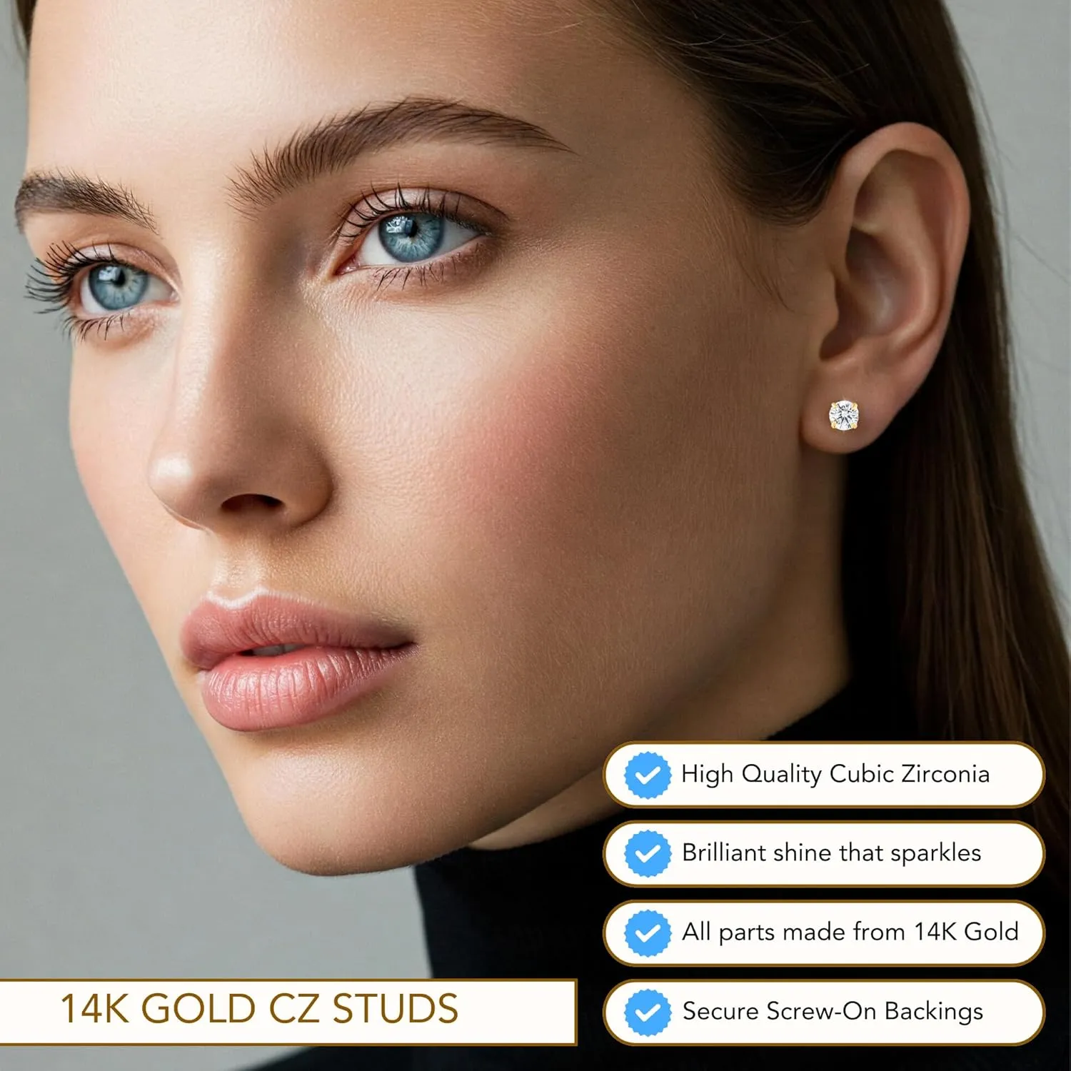 14k Yellow Gold Solitaire Round Cubic Zirconia Stud Earrings in Secure Screw-backs