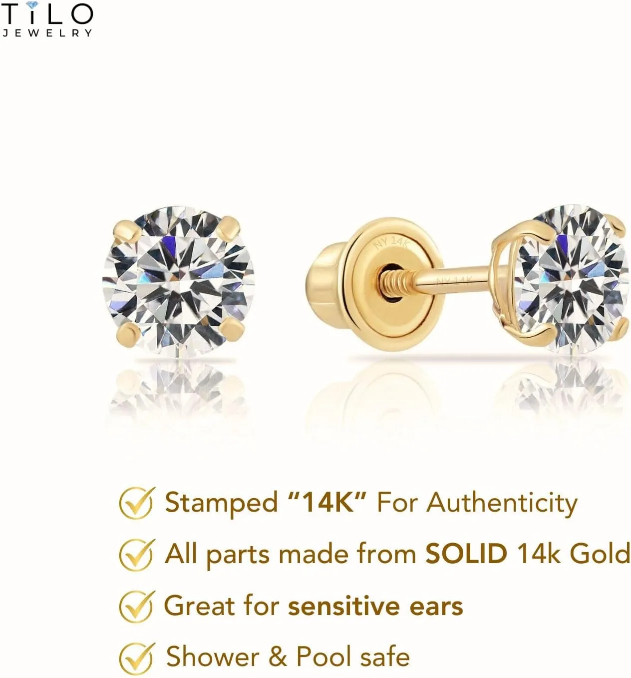 14k Yellow Gold Solitaire Round Cubic Zirconia Stud Earrings in Secure Screw-backs