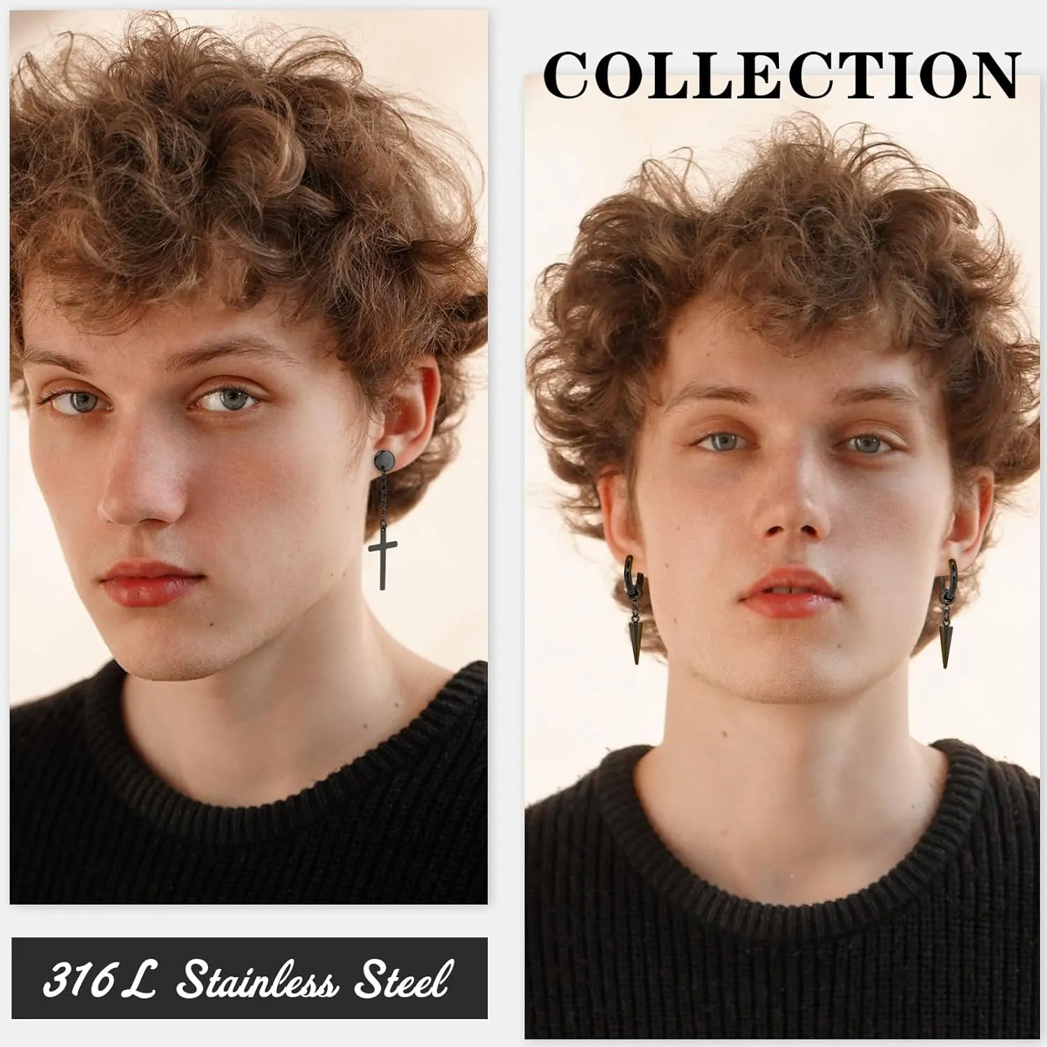 15 Pairs Earrings for Men, Stainless Steel Mens Stud Earrings Set Hypoallergenic Cross Dangle Hoop Earrings Fashion Piercing Jewelry Gift for Men Women