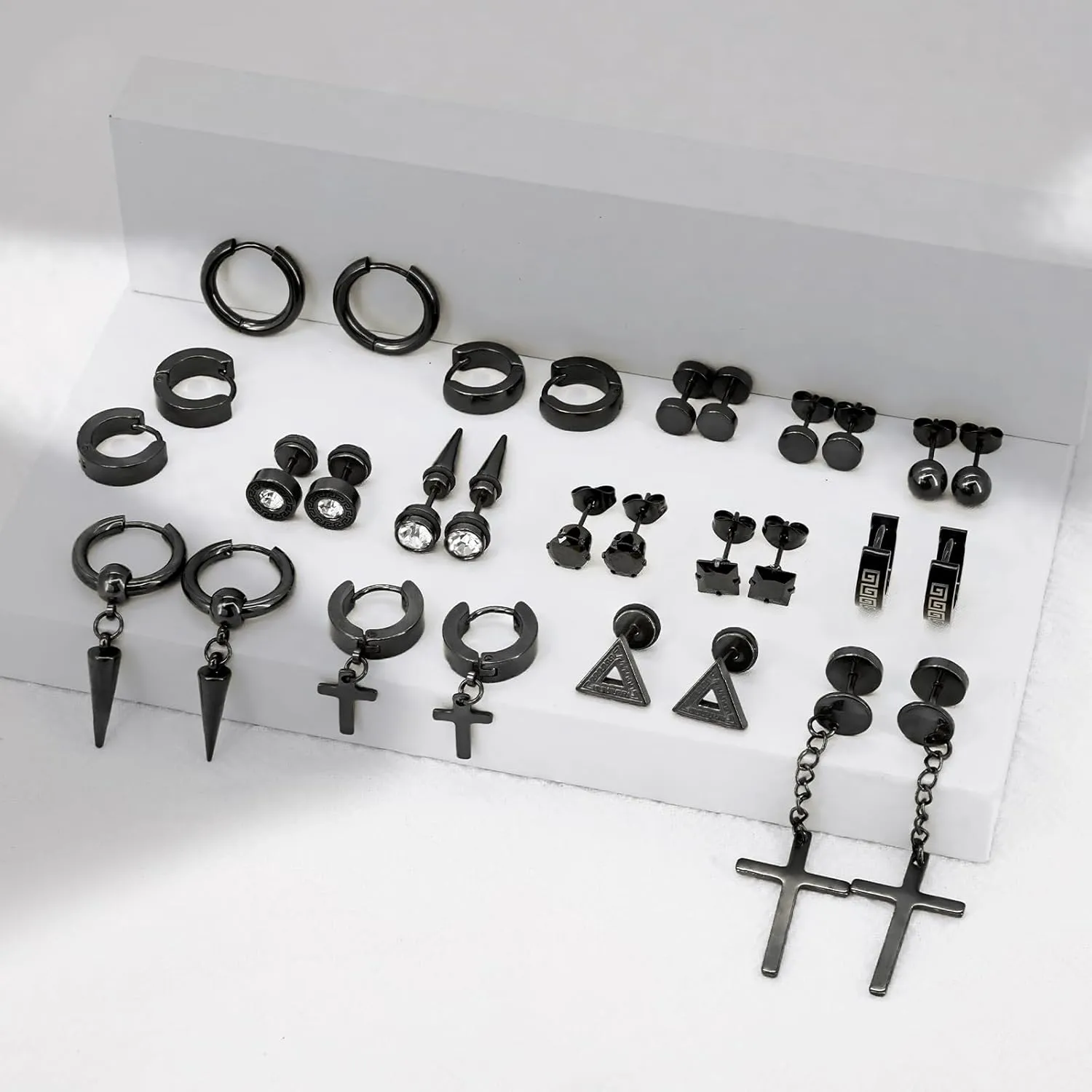 15 Pairs Earrings for Men, Stainless Steel Mens Stud Earrings Set Hypoallergenic Cross Dangle Hoop Earrings Fashion Piercing Jewelry Gift for Men Women