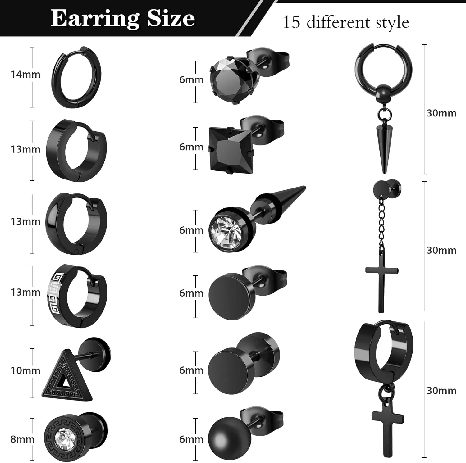 15 Pairs Earrings for Men, Stainless Steel Mens Stud Earrings Set Hypoallergenic Cross Dangle Hoop Earrings Fashion Piercing Jewelry Gift for Men Women