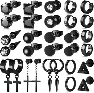 15 Pairs Earrings for Men, Stainless Steel Mens Stud Earrings Set Hypoallergenic Cross Dangle Hoop Earrings Fashion Piercing Jewelry Gift for Men Women
