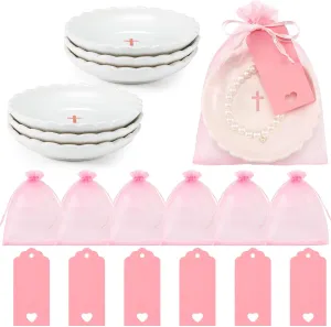 18 Pieces Baptism Favors for Women First Communion Favors Includes 6 Ceramic Ring Dish Jewelry Plate with Cross 6 Mesh Bag 6 Thank You Tags for Baby Shower Wedding Party Christian Gifts