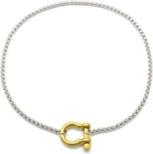 18K Gold Plated Buckle Necklace with Heavy Screw Anchor Shackle Wheat Chain Two Tone Carabiner 17.7 Inch Stainless Steel Foxtail Chain