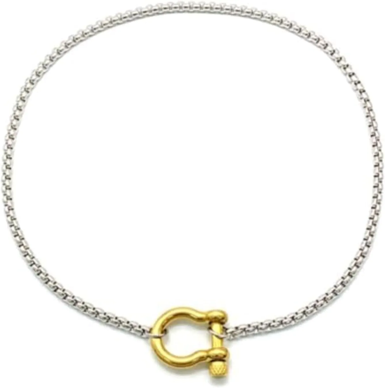 18K Gold Plated Buckle Necklace with Heavy Screw Anchor Shackle Wheat Chain Two Tone Carabiner 17.7 Inch Stainless Steel Foxtail Chain