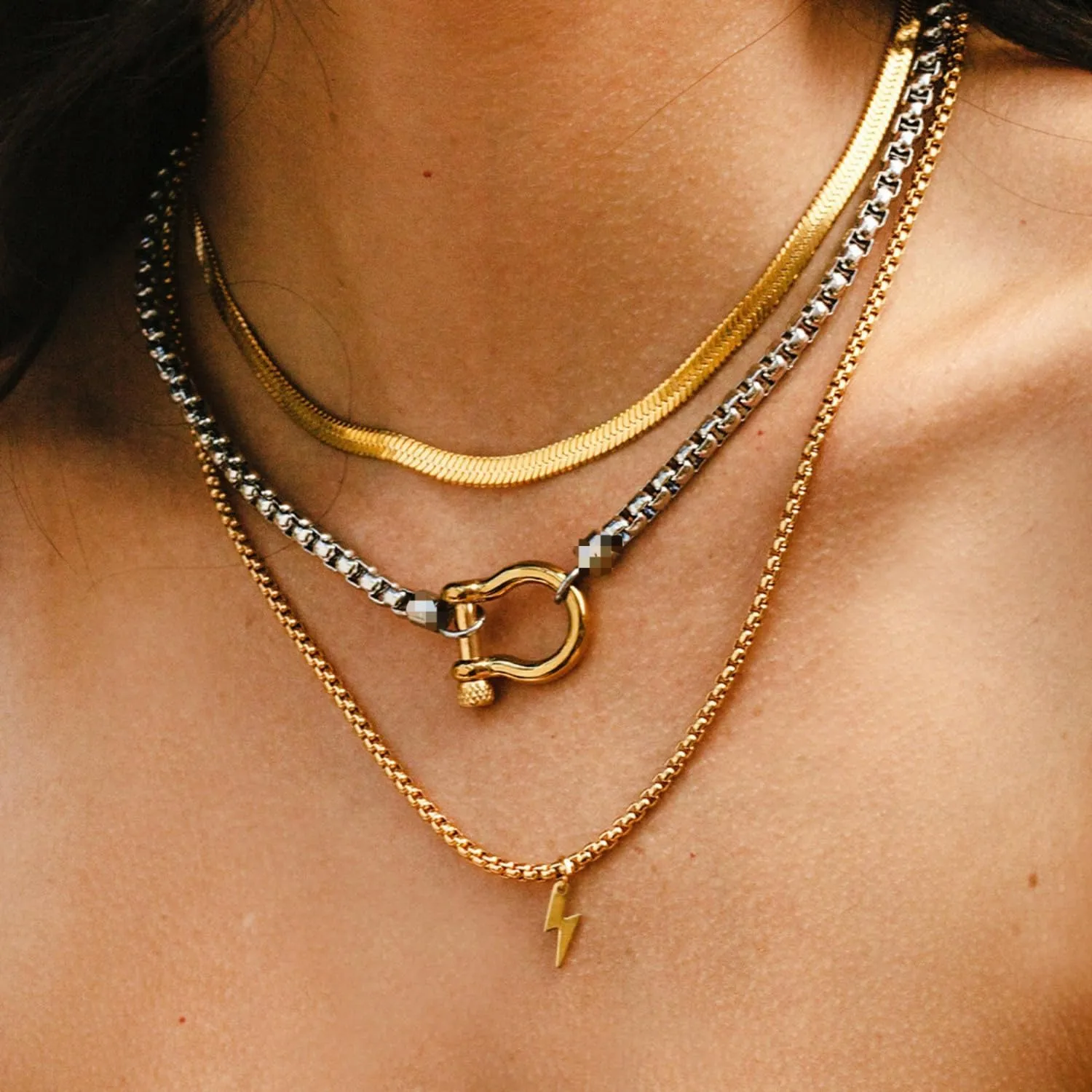 18K Gold Plated Buckle Necklace with Heavy Screw Anchor Shackle Wheat Chain Two Tone Carabiner 17.7 Inch Stainless Steel Foxtail Chain