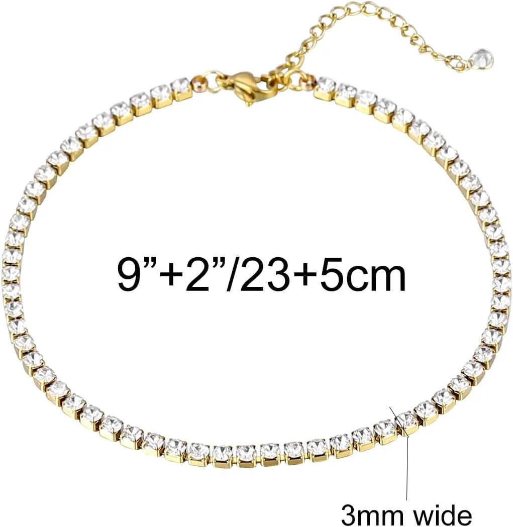 18K White Gold Plated Tennis Anklet for Women 3mm/4mm/5mm Wide Stainless Steel Gold Ankle Bracelets for Women Waterproof Never Tarnish