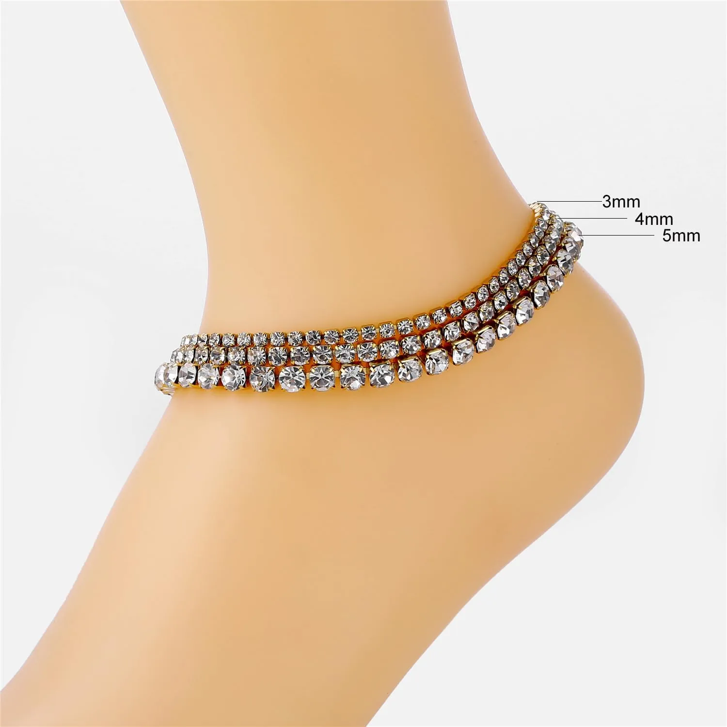 18K White Gold Plated Tennis Anklet for Women 3mm/4mm/5mm Wide Stainless Steel Gold Ankle Bracelets for Women Waterproof Never Tarnish
