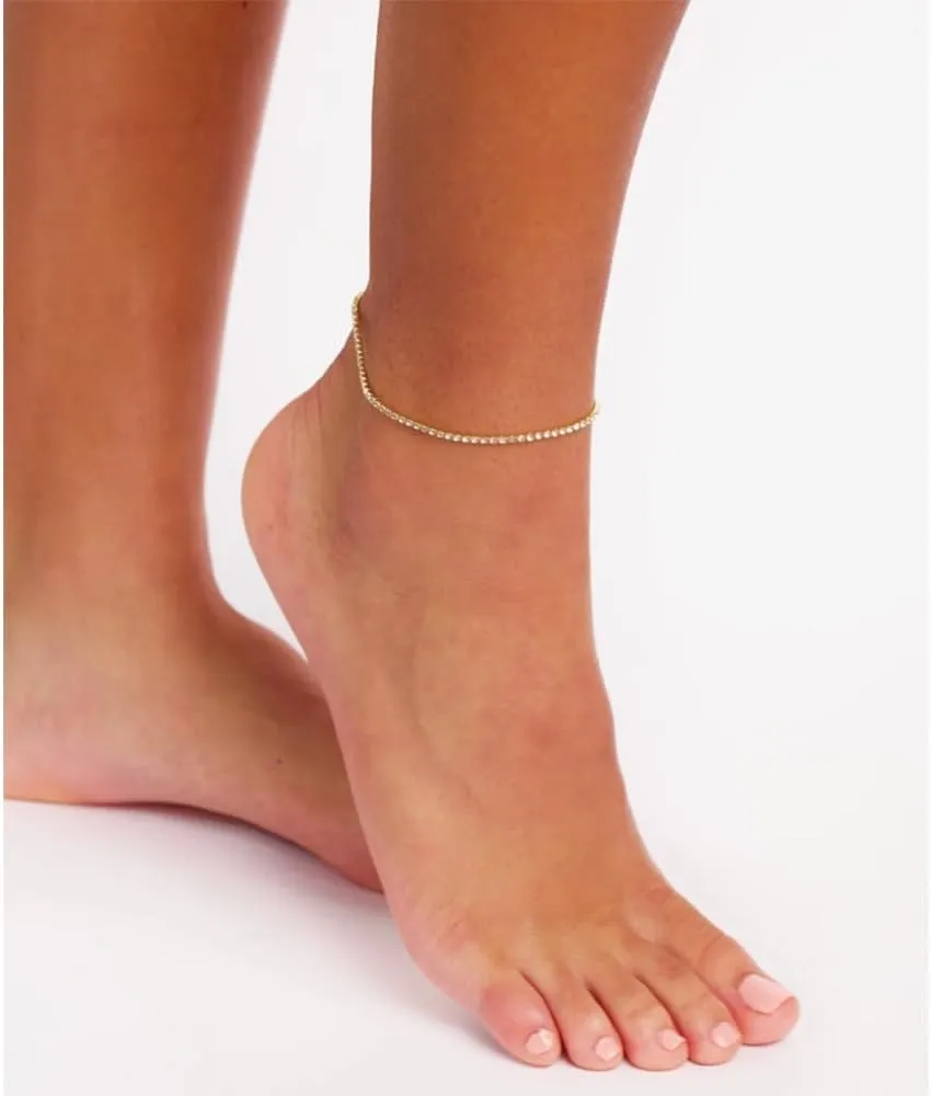 18K White Gold Plated Tennis Anklet for Women 3mm/4mm/5mm Wide Stainless Steel Gold Ankle Bracelets for Women Waterproof Never Tarnish