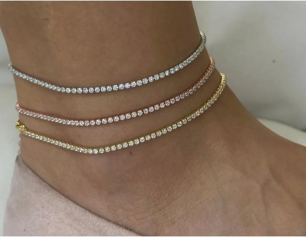 18K White Gold Plated Tennis Anklet for Women 3mm/4mm/5mm Wide Stainless Steel Gold Ankle Bracelets for Women Waterproof Never Tarnish