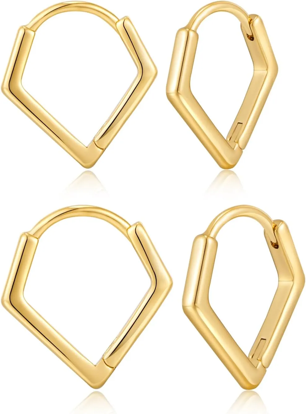 2 Pairs 14K Gold Plated Minimalist Geometric Triangle Huggies Hoop Earrings, V Shaped Hoop Earrings for Women Gift 1.3cm/1.8cm, gold and silver