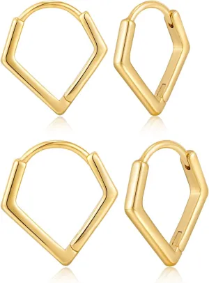2 Pairs 14K Gold Plated Minimalist Geometric Triangle Huggies Hoop Earrings, V Shaped Hoop Earrings for Women Gift 1.3cm/1.8cm, gold and silver