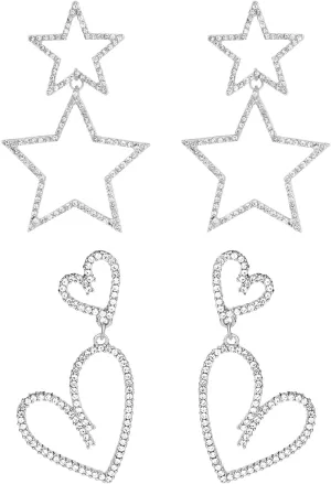 2 Pairs Rhinestone Big Star Earrings, Love Heart Dangle Earrings Crystal Star Earrings Sparkly Drop Earrings Jewelry for Women Girls Wedding Birthday Party Valentines Day
