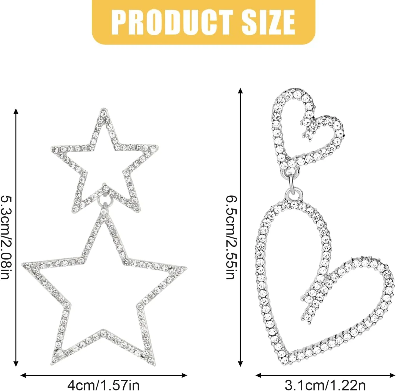 2 Pairs Rhinestone Big Star Earrings, Love Heart Dangle Earrings Crystal Star Earrings Sparkly Drop Earrings Jewelry for Women Girls Wedding Birthday Party Valentines Day