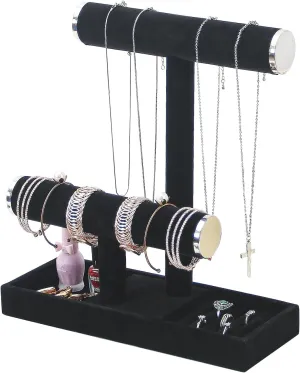 2 Tier Jewelry Holder Organizer,Bracelet Necklace Holder with Tray,Jewelry Storage Stand for Girls,Velvet Jewelry Tree(Black Silver)