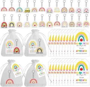 24 Set Teacher Appreciation Gifts Keychains Set Include 24 Keychain 24 Organza Bags 24 Thank You cards End of Year Teacher Gifts for Graduation Valentines Day Festival Supplies