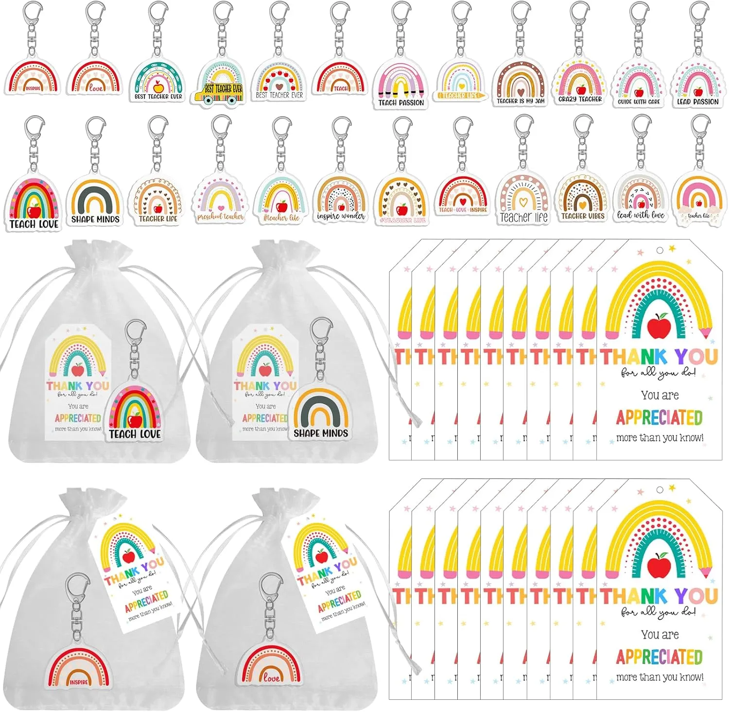 24 Set Teacher Appreciation Gifts Keychains Set Include 24 Keychain 24 Organza Bags 24 Thank You cards End of Year Teacher Gifts for Graduation Valentines Day Festival Supplies