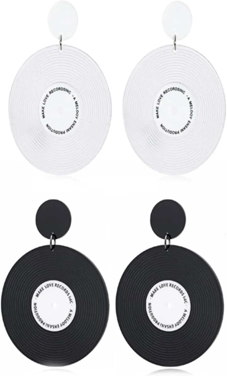 2Pairs Hollow Acrylic Geometric Round Circle Dangle Earring Set for Women Cute Resin Vinyl Record Statement Drop Earring 70s 80s 90s Halloween Party Jewelry Gift