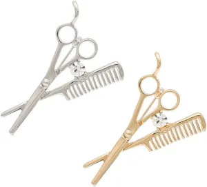 2pcs Barber Scissors Comb Pin Brooch with Crystal Badges Clothes Bags Jewelry